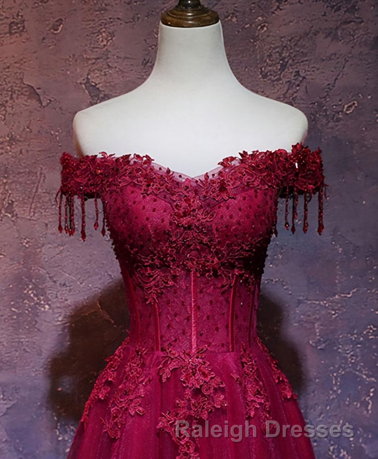 Burgundy Tulle Lace Off Shoulder Long Prom Dress, Burgundy Lace Evening Dress