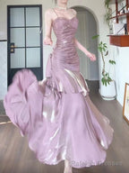 Pink Satin Straps Long Party Dress, Pink Satin Chic Prom Dress Evening Dress