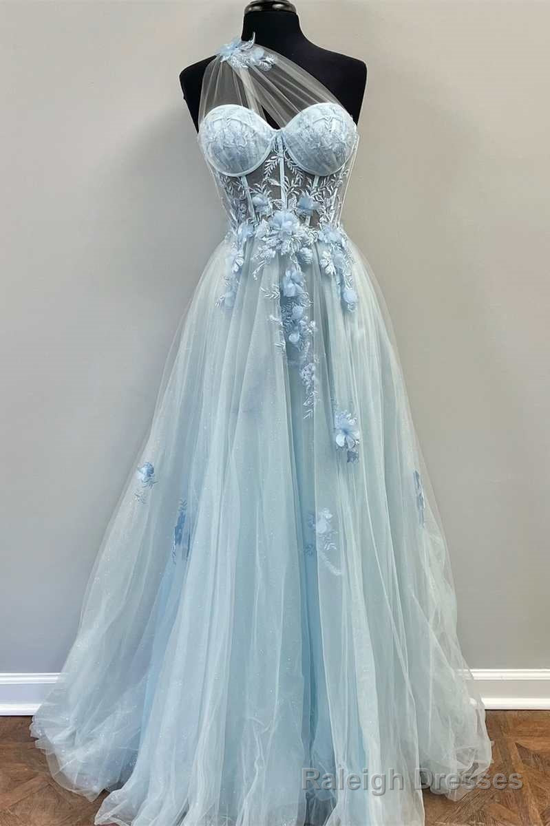 One-Shoulder Light Blue Tulle 3D Floral Lace A-Line Prom Dress Main image