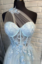 One Shoulder Light Blue Tulle 3D Floral Lace A Line Prom Dress