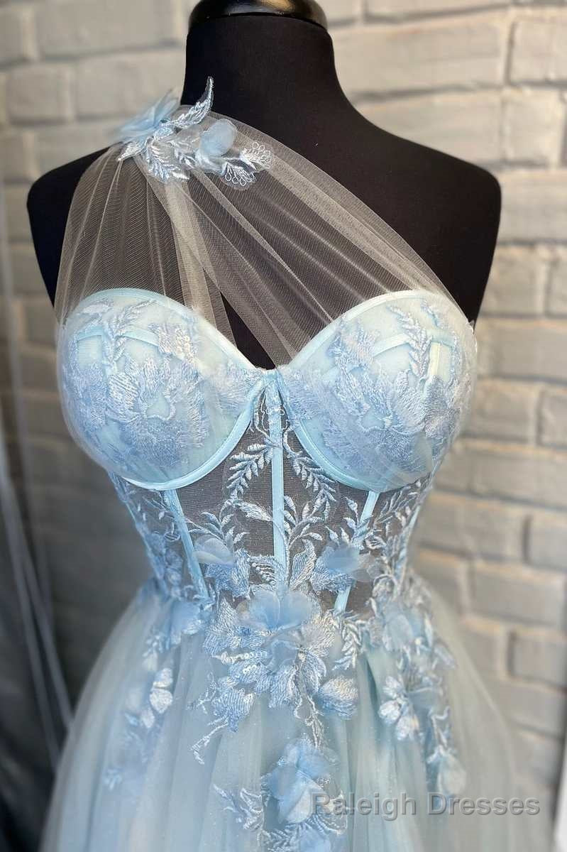 One Shoulder Light Blue Tulle 3D Floral Lace A Line Prom Dress