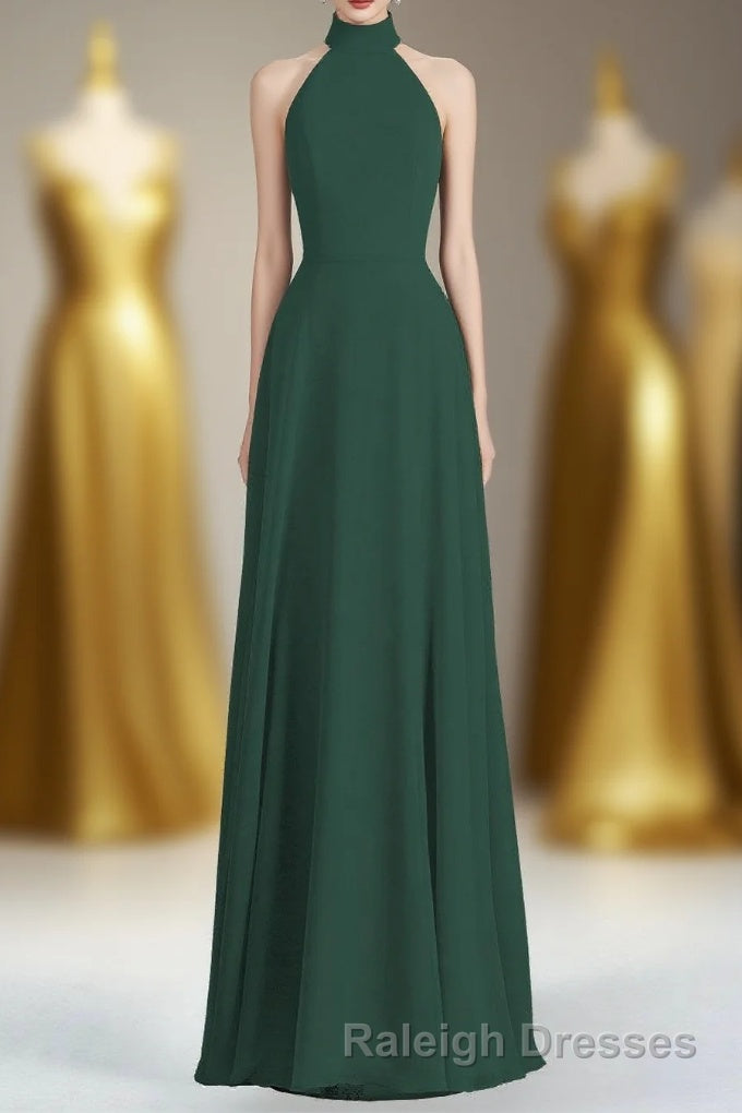 Hunter Green Chiffon A Line Long Bridesmaid Dresses with Cold Sleeves Main image