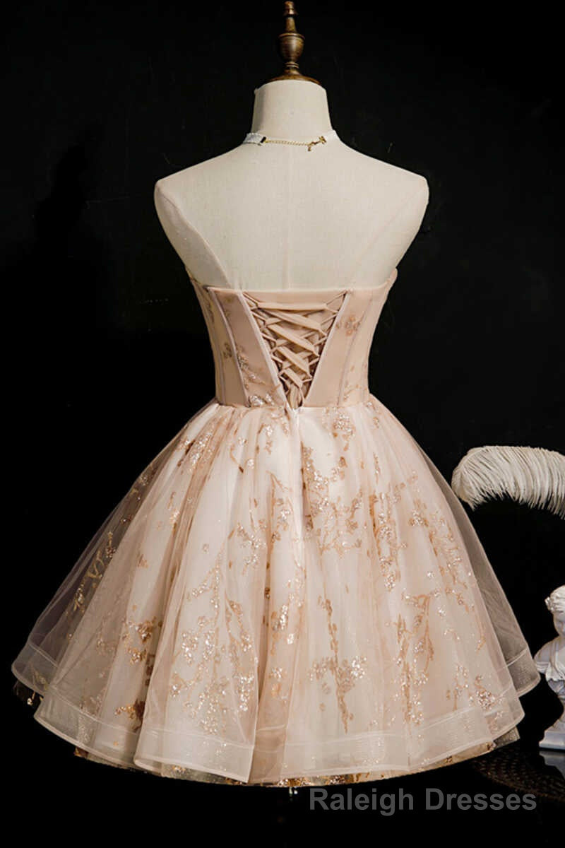 Champagne Beaded Strapless Lace-Up Short Homecoming Dress Secondary image