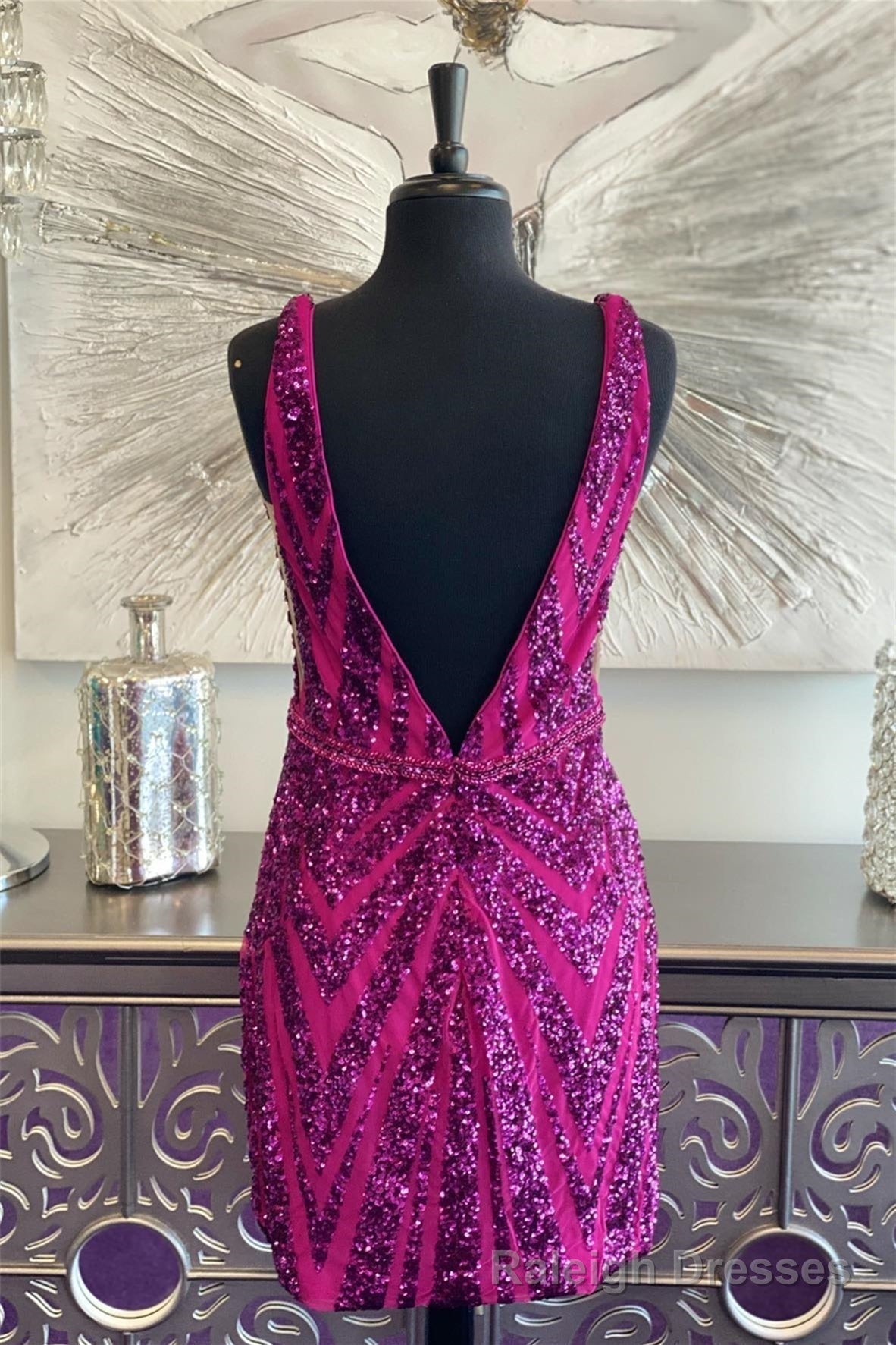 Fuchsia Plunging V Neck Sequins-Embroidery Sheath Homecoming Dress Secondary image