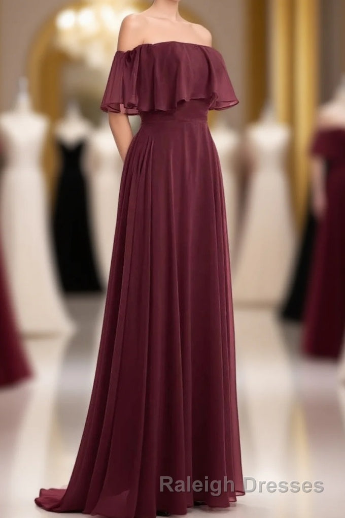 Burgundy Chiffon Strapless Ruffled A-Line Long Bridesmaid Dress Main image