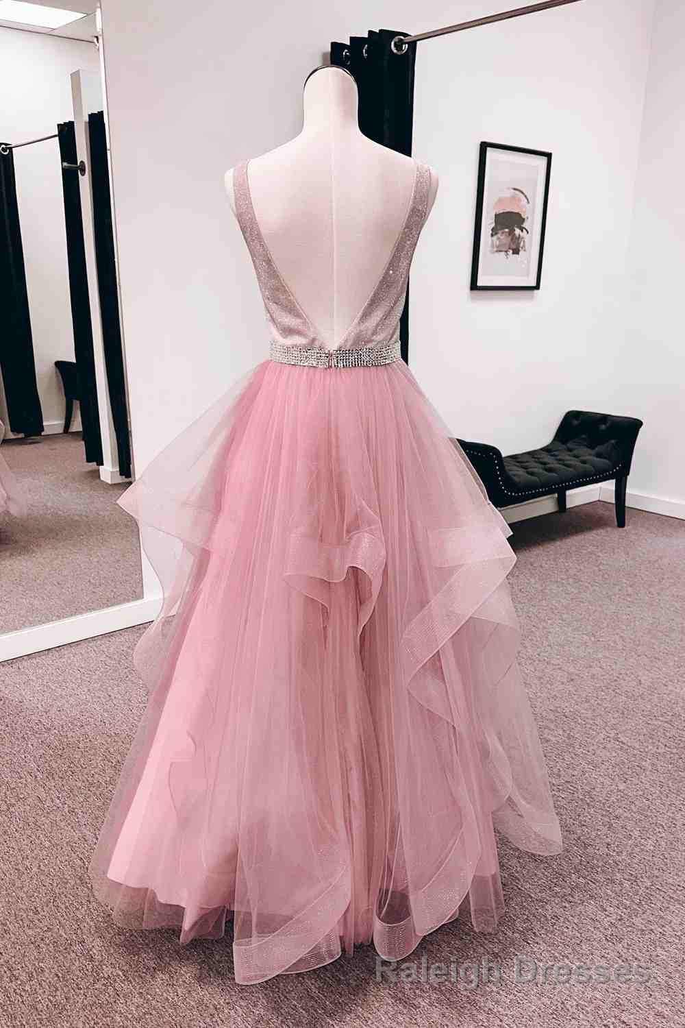 Pink A-line V Neck Tulle Layers Long Prom Dress with Bleaded Sash Secondary image
