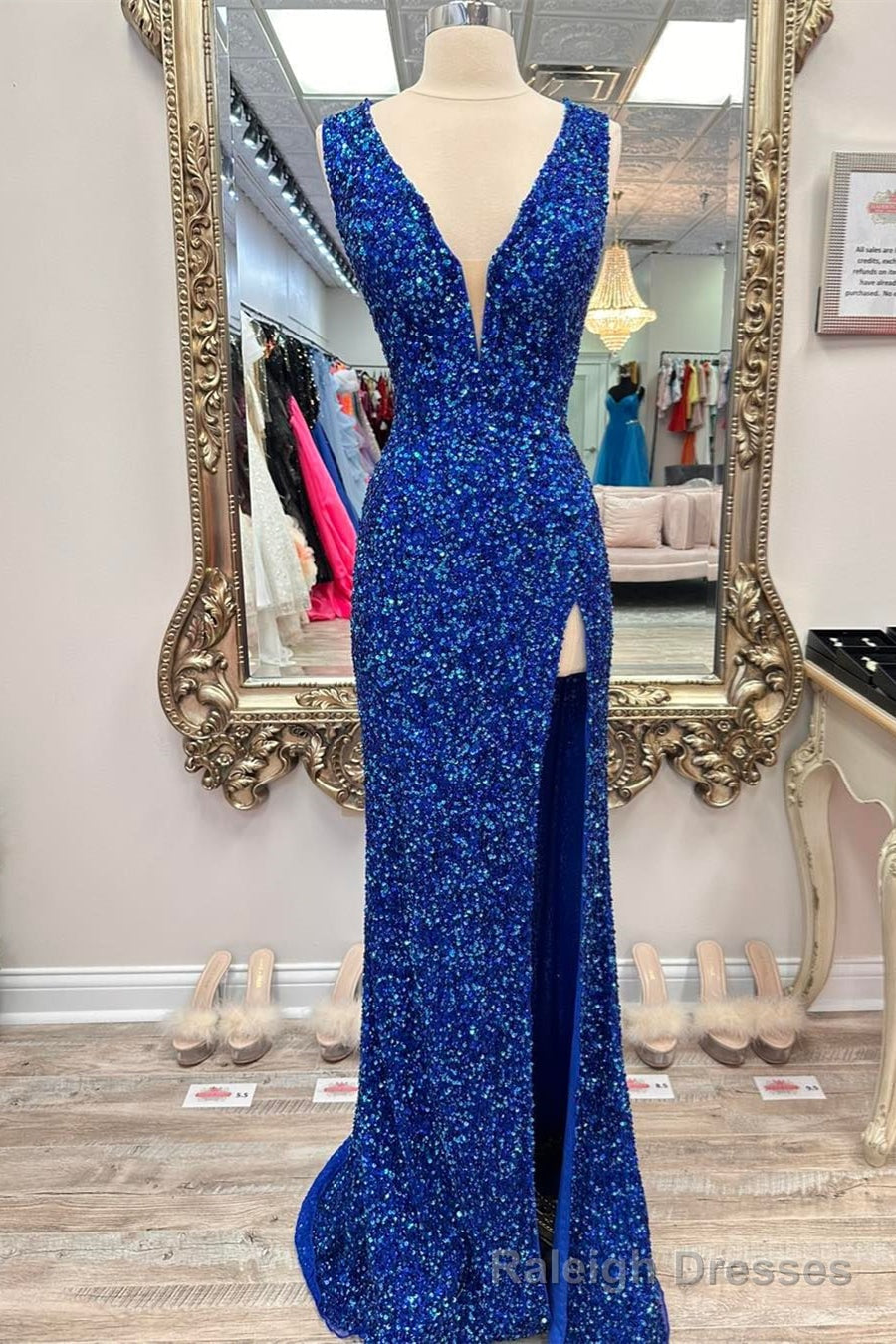 Royal Blue Deep V Neck Sequins Lace-Up Long Prom Dress with Slit Main image