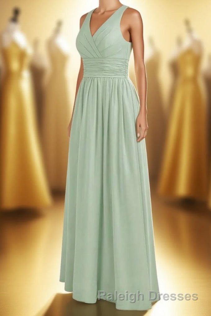 Sage Green V Neck Backless A Line Bridesmaid Dresses