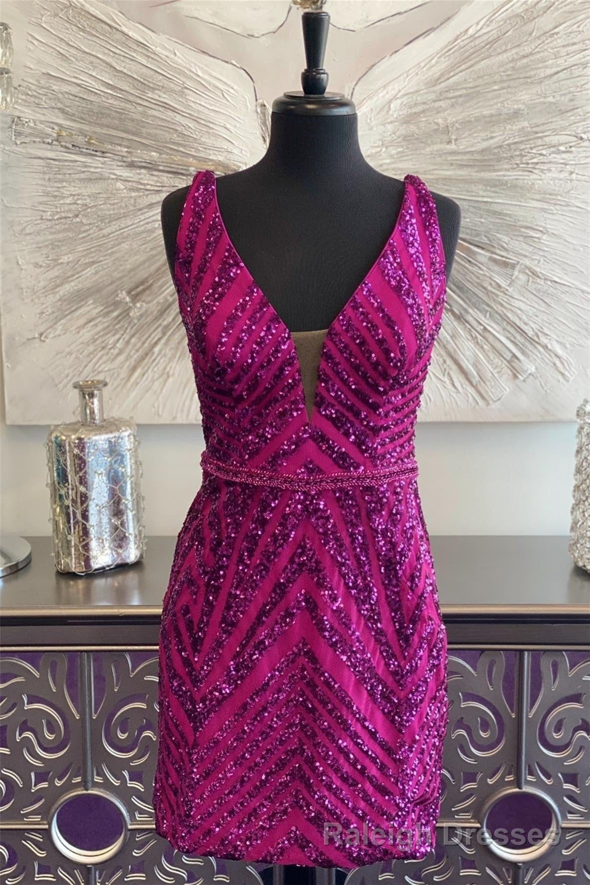 Fuchsia Plunging V Neck Sequins-Embroidery Sheath Homecoming Dress Main image
