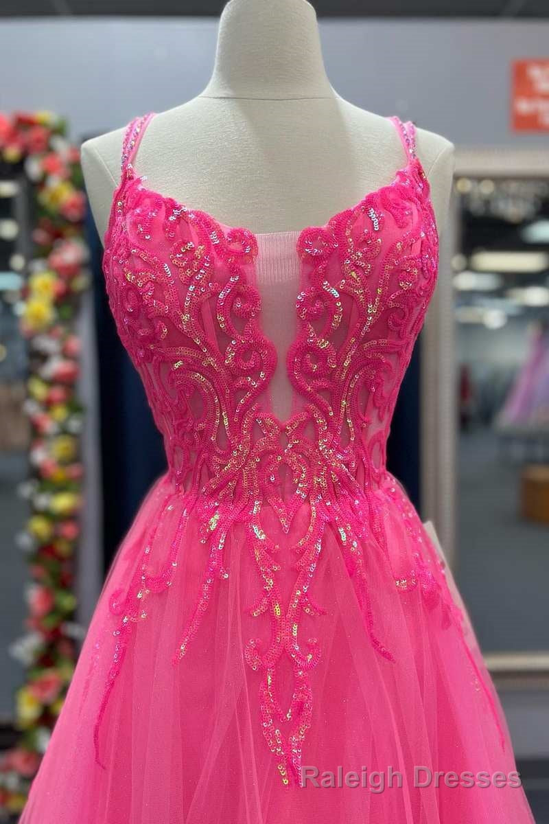 Hot Pink Tulle Appliques Lace-Up A Line Long Prom Dress