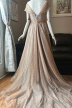 Blushing Pink A Line Illusion PortraitBeaded Appliques Lace-Up Long Prom Dress