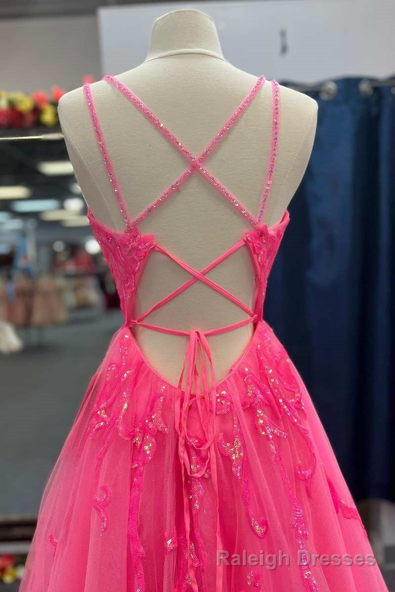 Hot Pink Tulle Appliques Lace-Up A Line Long Prom Dress