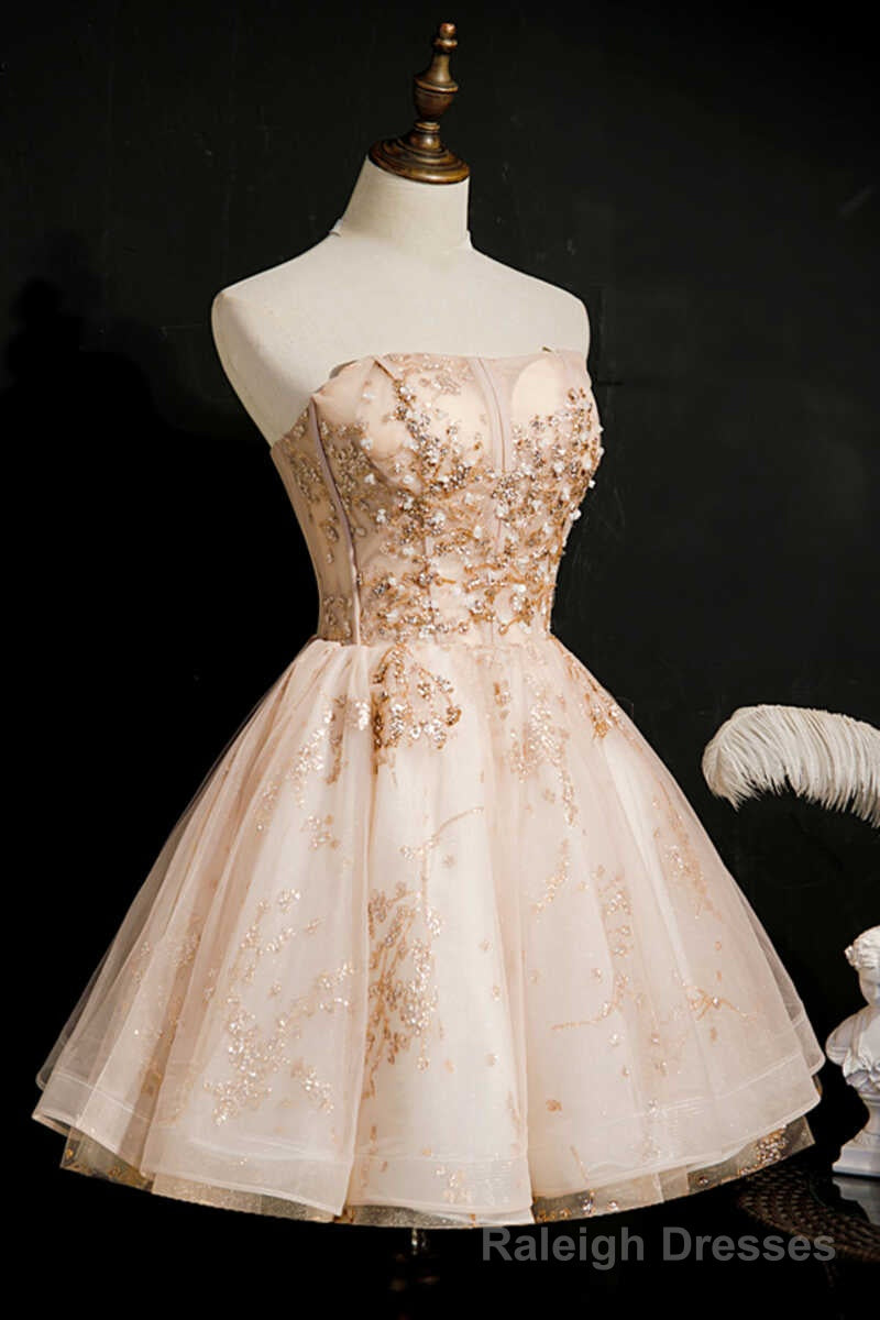 Champagne Beaded Strapless Lace-Up Short Homecoming Dress Main image