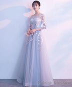 Gray Round Neck Tulle Lace Applique Long Prom Dress Gray Prom Dress