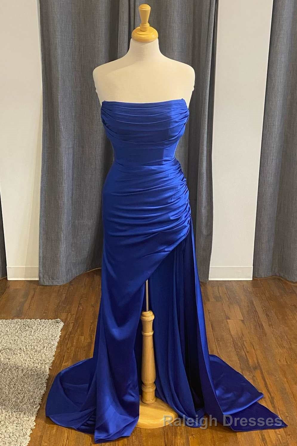 Blue Satin Strapless Mermaid Long Formal Dress with Slit Main image