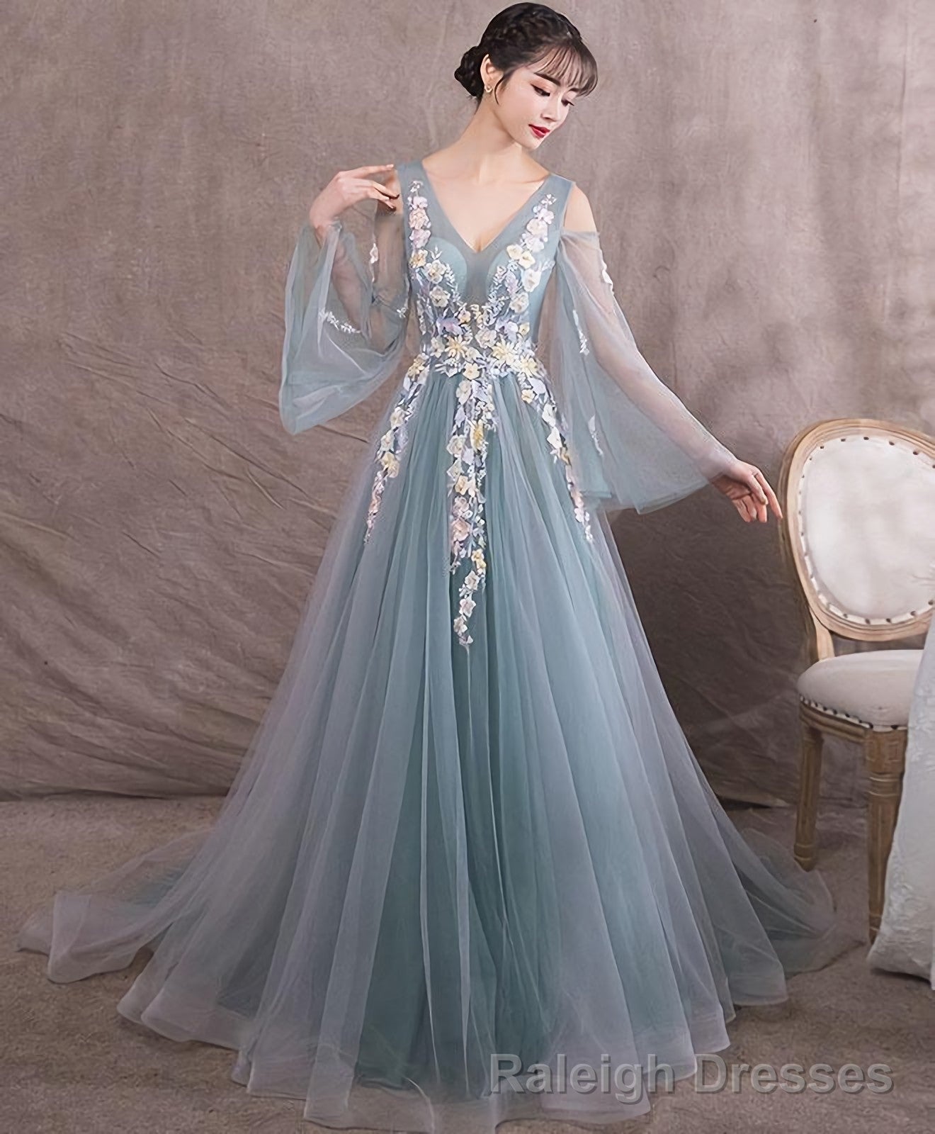 Green V Neck Tulle Lace Long Prom Dress Green Evening Dress