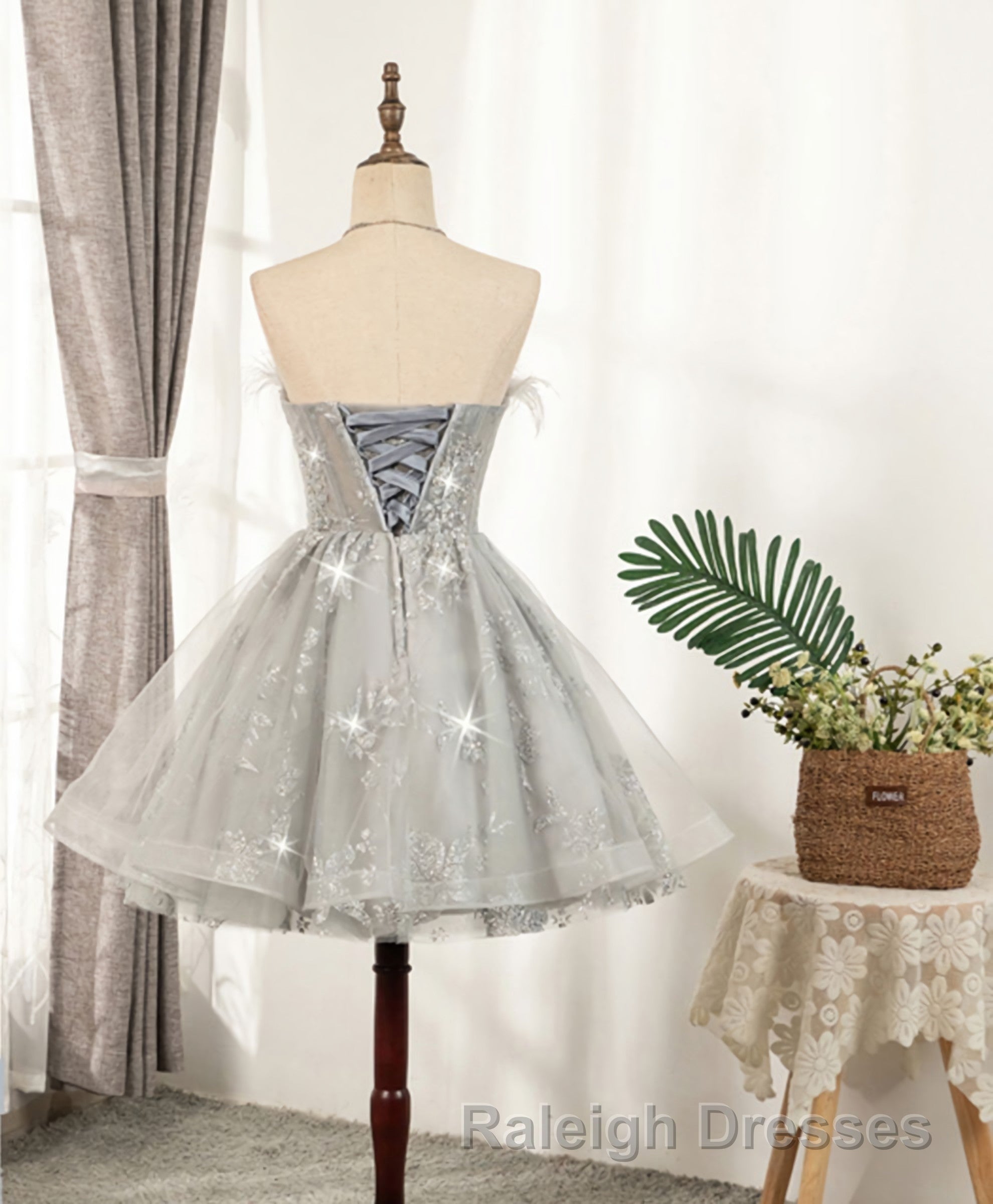 Gray Sweetheart Lace Tulle Short Prom Dresses Gray Cocktail Dresses