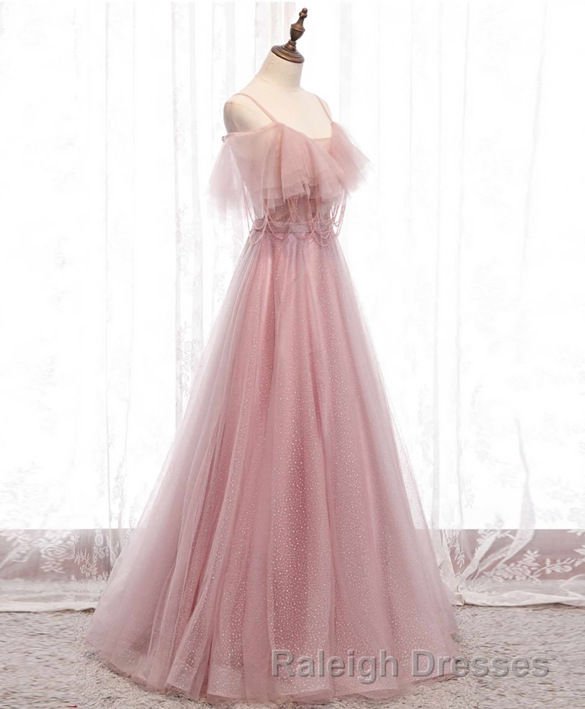 Pink Sweetheart Tulle Long Prom Dress, Pink Tulle Formal Dress, 1