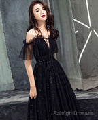 Black Tulle Off Shoulder Long Prom Dress, Black Formal Dress