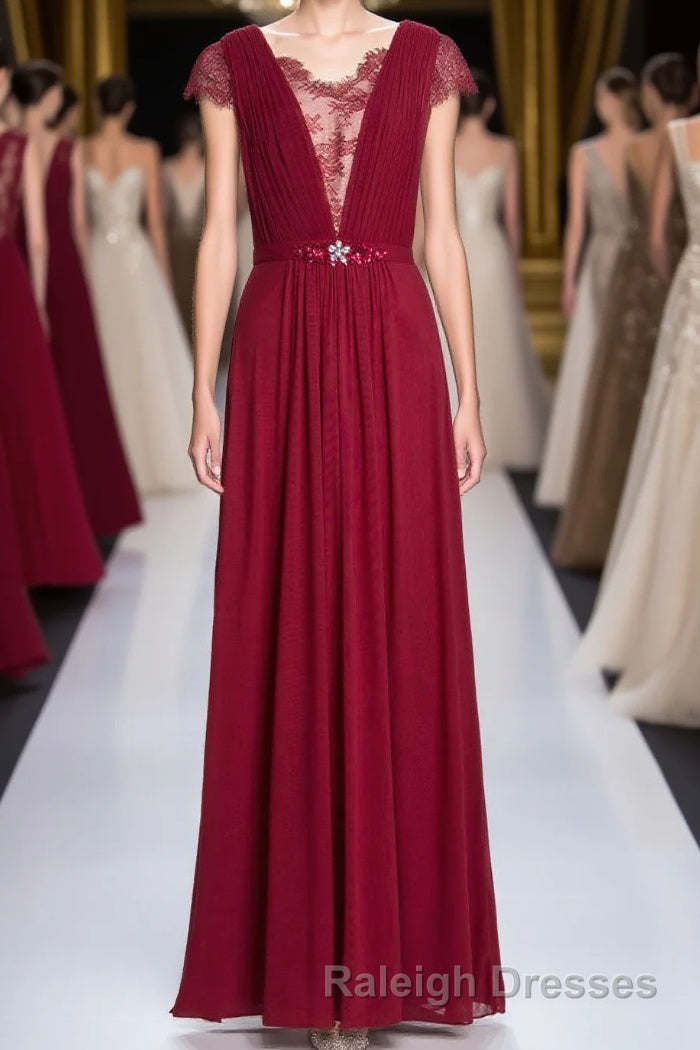 Wine Red A-line Chiffon Long Bridesmaid Dress with Cap Sleeves Main image