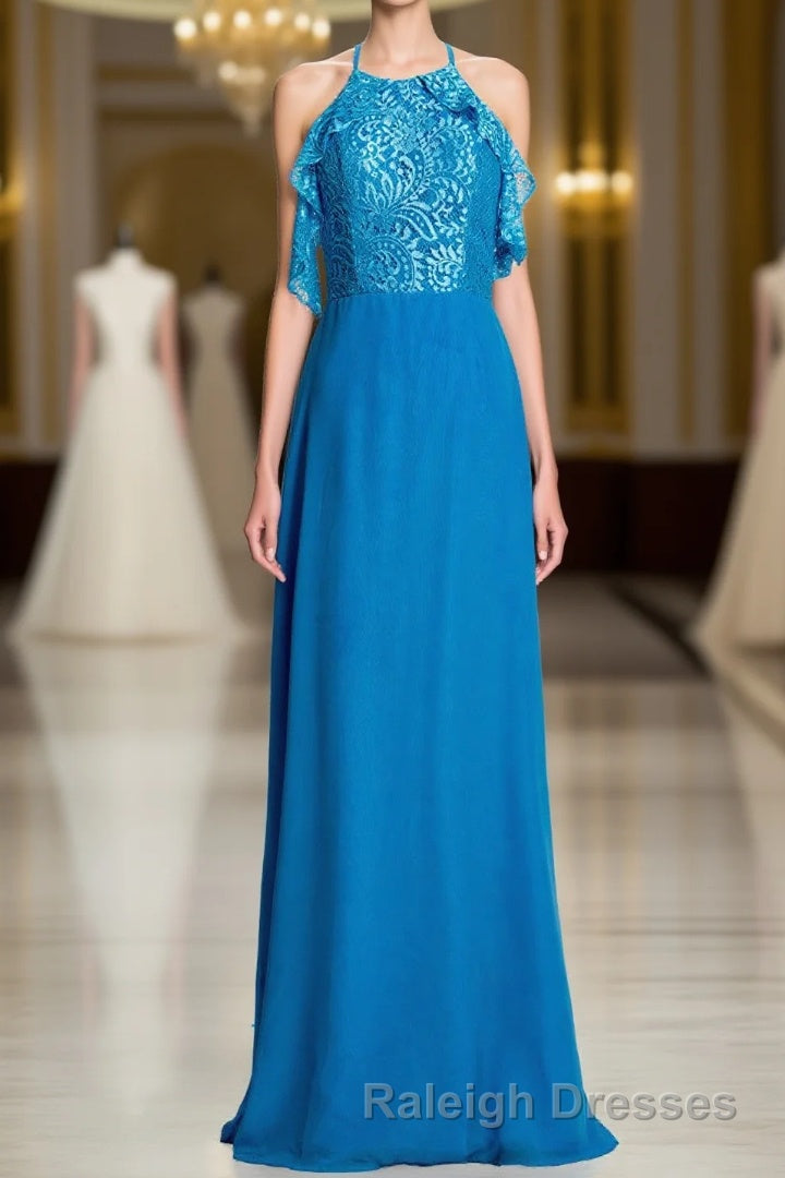 Blue A Line Lace and Chiffon Full Length Bridesmaid Dresses Main image