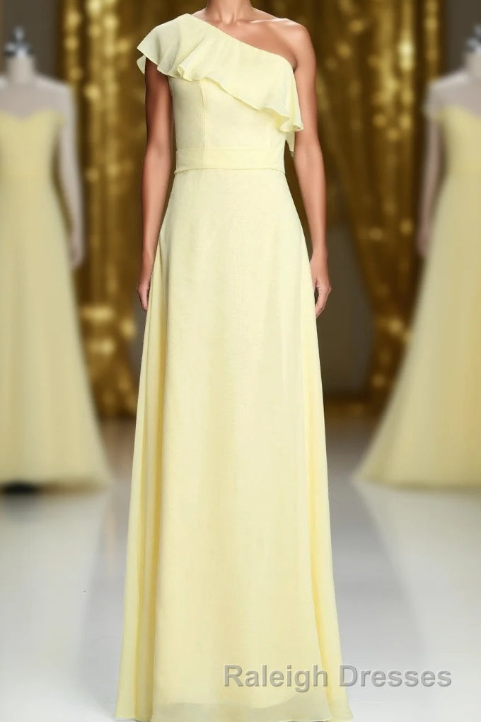 One Shoulder Yellow Ruffles A-line Long Bridesmaid Dress