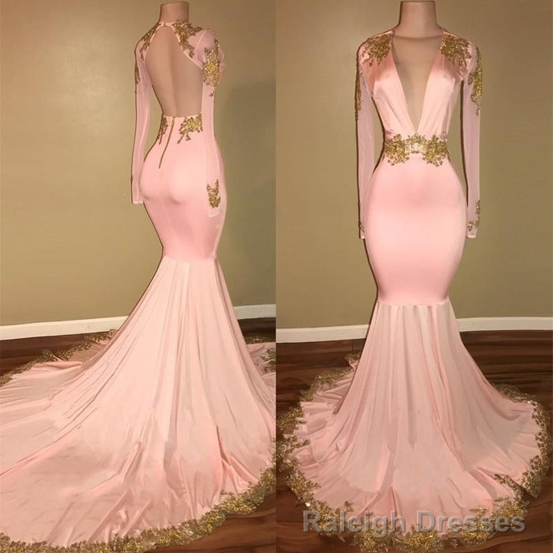 Long Sleeves Blushing Pink Deep V Neck Mermaid Backless With Gold Appliques Prom Dresses Main image