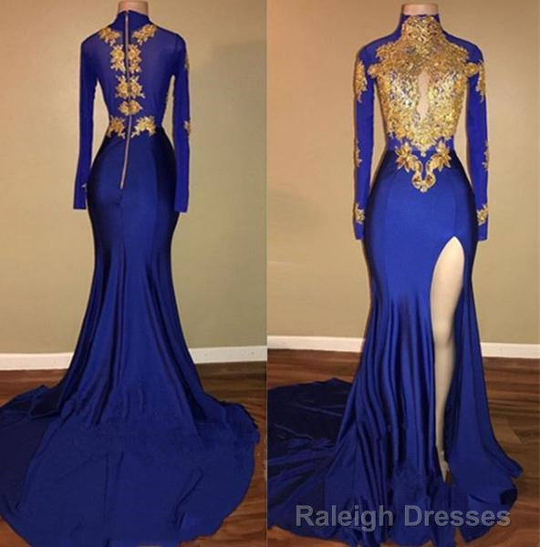 Charming African Royal Blue Side Slit Sheath Long Sleeves Prom Dresses