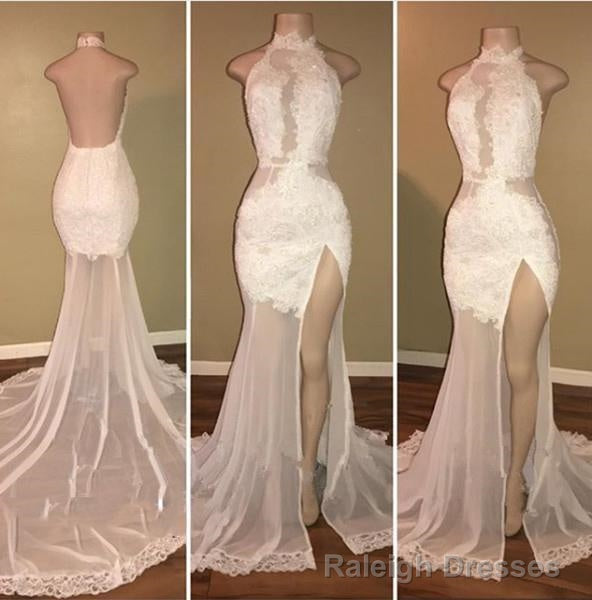 New Arrival Sheath White High Neck Side Slit Lace Backless See Through African Prom Dresses Main image