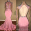 Mermaid Backless Long Sleeves Pink See Through African Long Prom Dresses