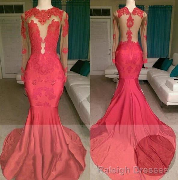 2026 Red Mermaid See Through Long Sleeves Satin Appliques Long Prom Dresses