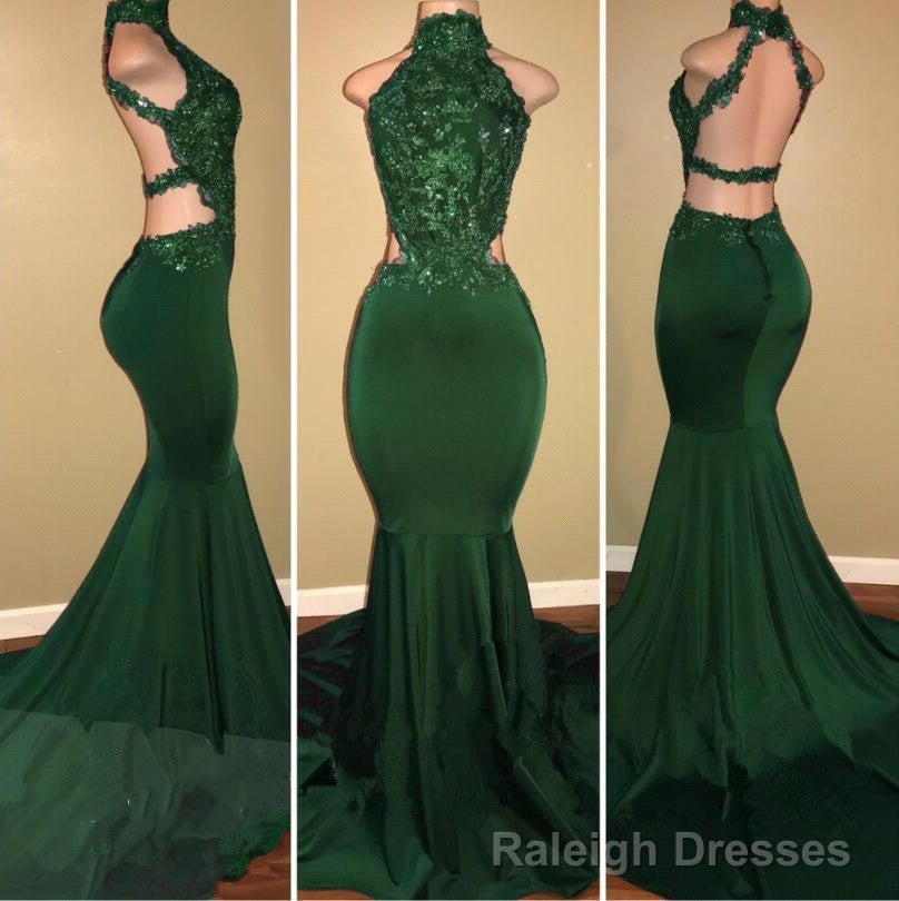 Sexy High Neck Green Backless Mermaid Elastic Satin Appliques Long African Prom Dresses Main image
