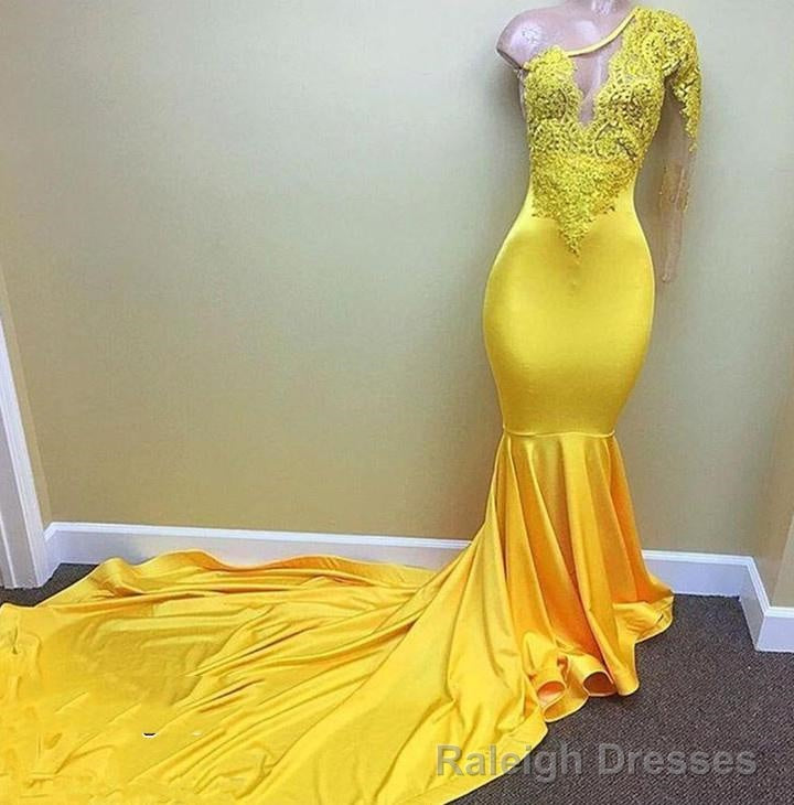Charming One Shoulder Yellow See Through Mermaid Long Prom Dresses Main image