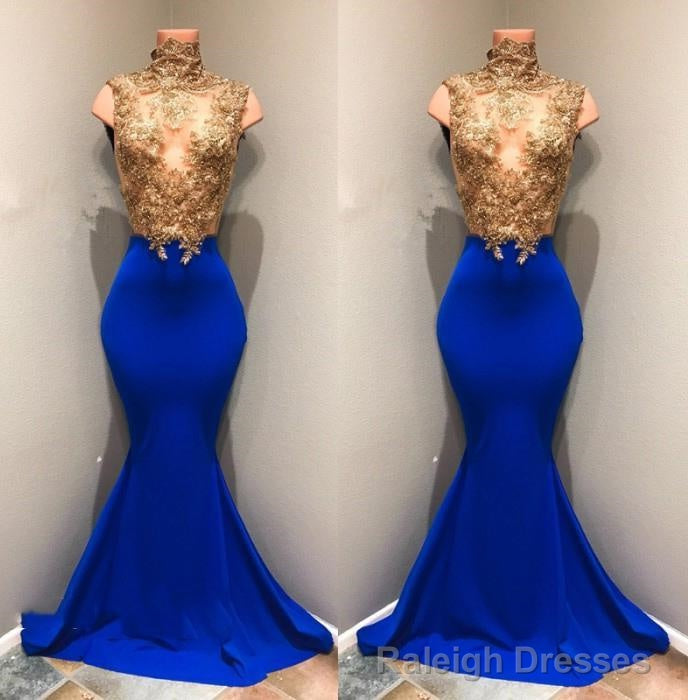 Charming Royal Blue Mermaid See Through Gold Appliques African Long Prom Dresses Main image
