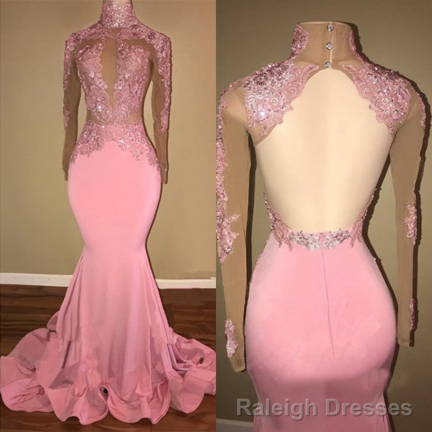 Alluring Pink Mermaid Long Sleeves Backless Elastic Satin Open Front High Neck Prom Dresses 2025 Main image