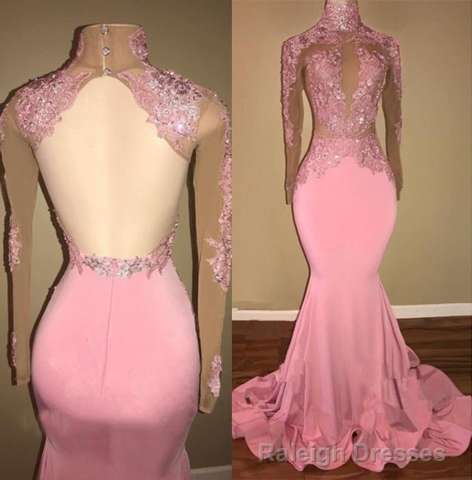 Alluring Pink Mermaid Long Sleeves Backless Elastic Satin Open Front High Neck Prom Dresses Main image