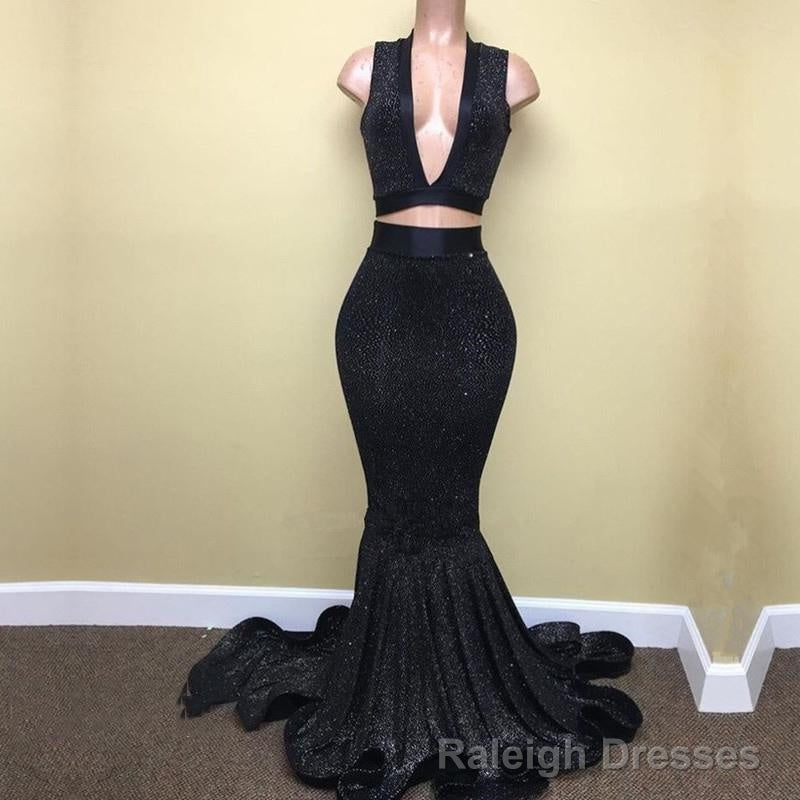 Sexy Mermaid Black V Neck Two Pieces Sequence Long Prom Dresses Main image