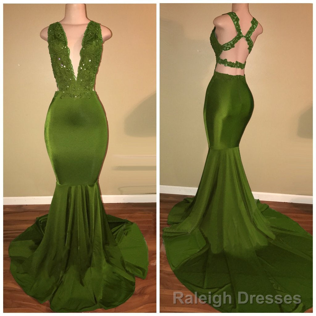 Green Mermaid Deep V Neck Criss Cross Backless Long Prom Dresses Main image