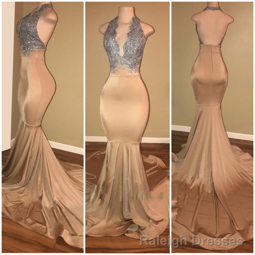 Champagne With Silver Appliques Mermaid Deep V Open Front Backless Long Prom Dresses Main image