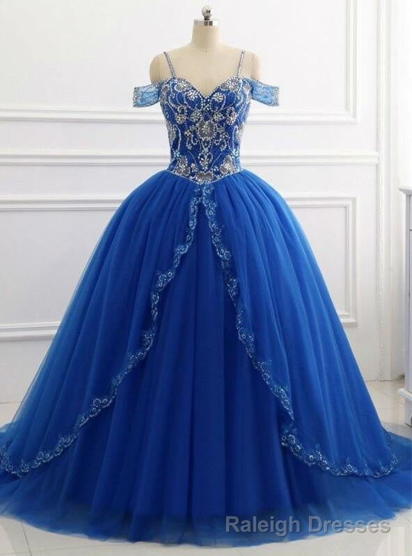 Elegant Off Shoulder Tulle Royal Blue Beaded Sweetheart Ball Gown Prom Dresses Main image