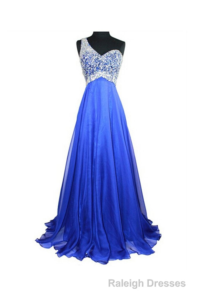 Cheap A Line Royal Blue Chiffon One Shoulder Beaded Prom Dresses Main image