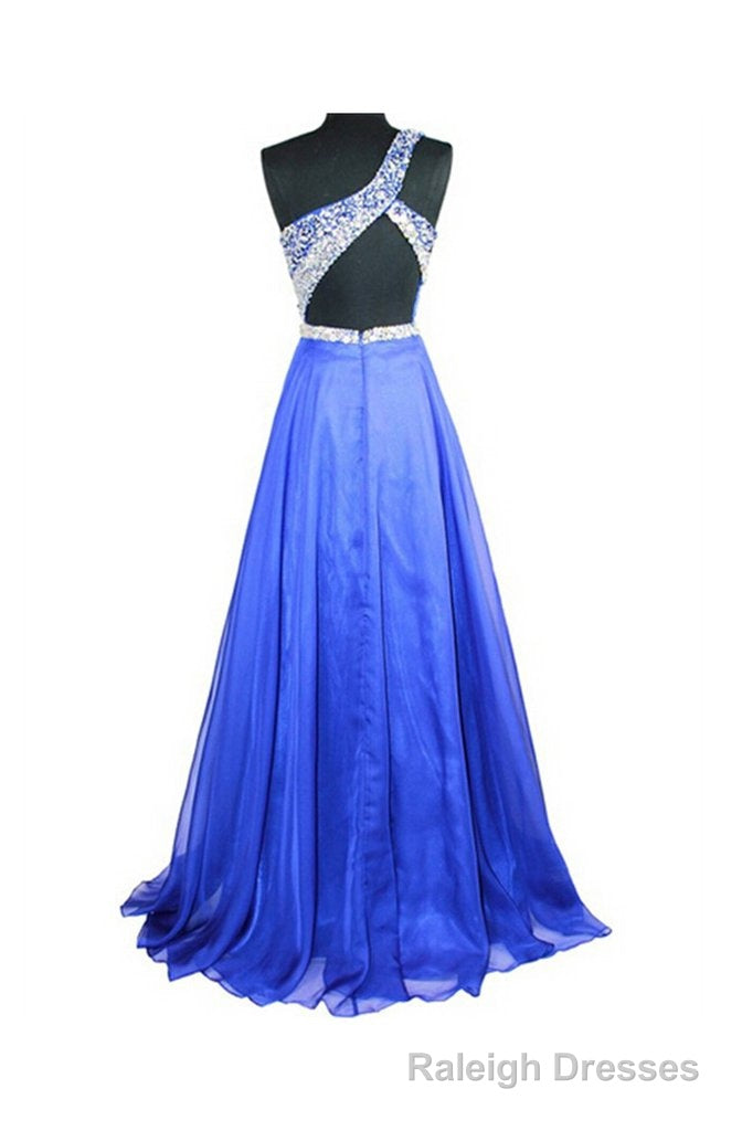 Cheap A Line Royal Blue Chiffon One Shoulder Beaded Prom Dresses