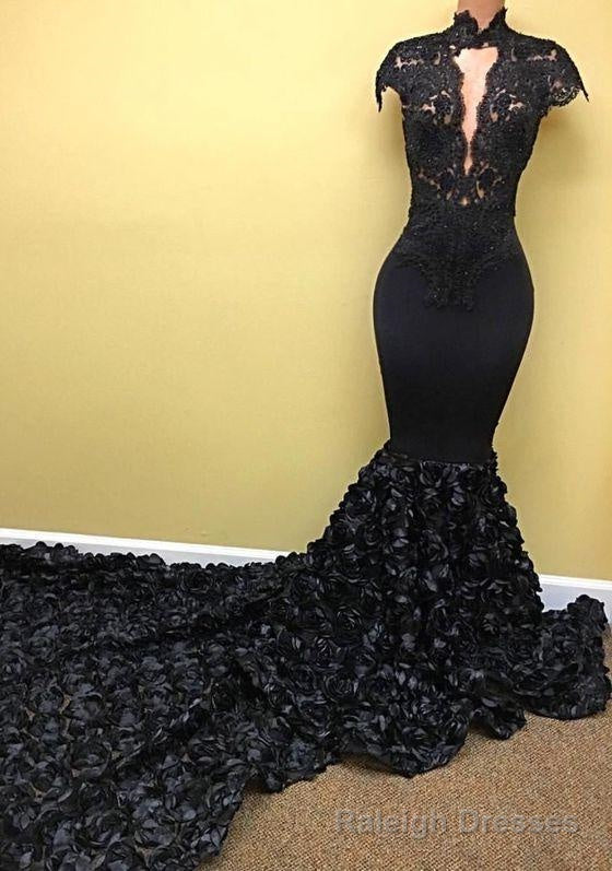Sexy Mermaid Black High Neck Key Hole Rose Capped Sleeves Long Prom Dresses Main image