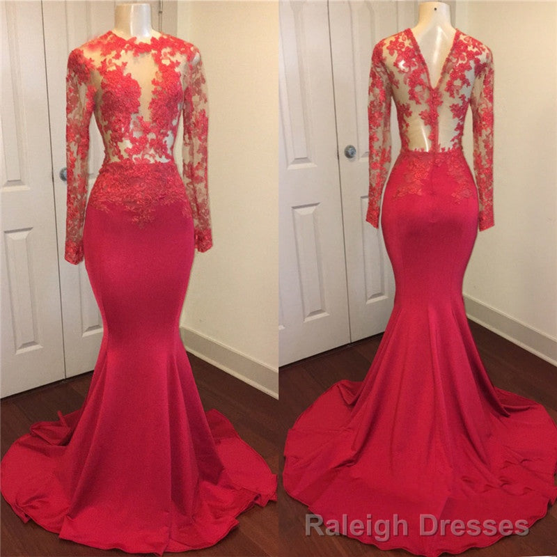 Sexy Mermaid Red See Through Zipper Long Sleeves Long African Prom Dresses