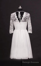 2026 A Line Cheap V Neck Long Sleeves Chiffon Knee Length Short Lace Wedding Dresses