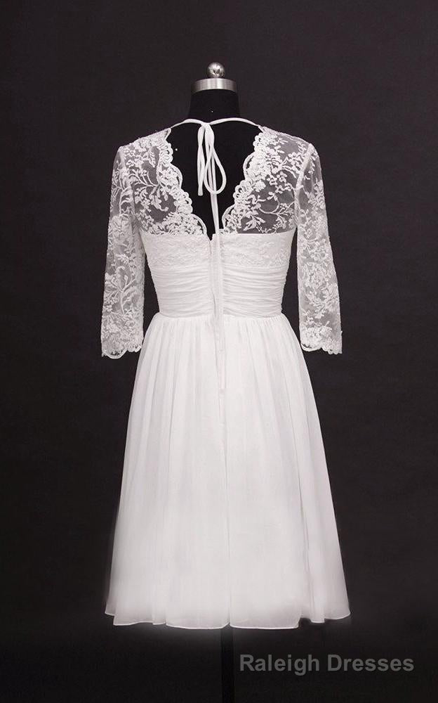 2026 A Line Cheap V Neck Long Sleeves Chiffon Knee Length Short Lace Wedding Dresses