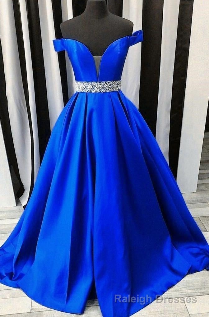 2026 New Arrival A Line Satin Royal Blue Sweetheart Off Shoulder Beaded Long Prom Dresses