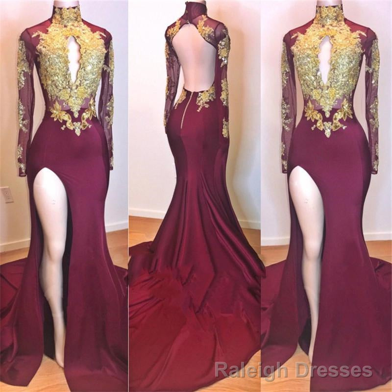 2025 Amazing Burgundy and Gold Appliques Long Sleeves High Neck Side Slit African American Prom Dresses