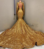 2026 Sexy Mermaid Gold V Neck Backless Long Sleeves Sequence African American Prom Dresses