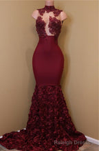 2026 New Arrival Mermaid Burgundy High Neck Rose Ruffles Sleeveless Long African American Prom Dress